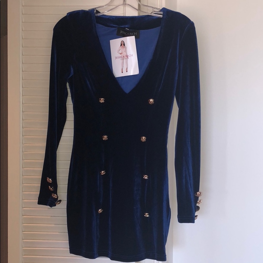 Blue velvet long sleeve mini dress